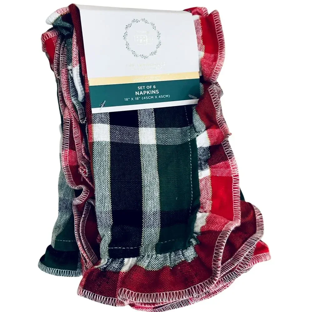 RACHEL ASHWELL Farmhouse Set 6 Christmas Plaid Cloth Napkins Red Green Gold NWT
